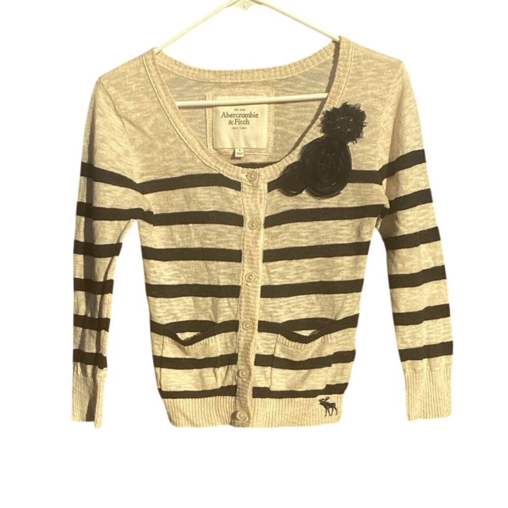 Abercrombie & Fitch Womens Linen Blend Cardigan S White Black Striped Y2K Flower